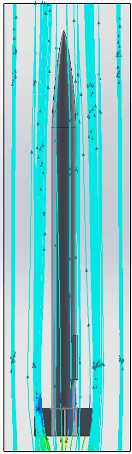 Qualitative flow and pressure visualization surrounding the rocket geometry