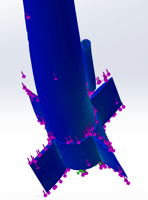 Von Mises stress plot of the rocket body and fin assembly
